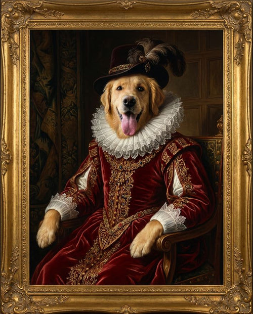 Custom pet portrait, royal style, on framed canvas